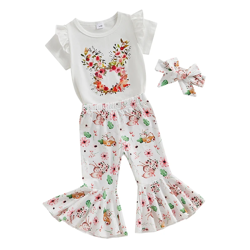 

Kids Girls Easter Outfits Floral Bunny Print Short Sleeve T-Shirt and Flare Pants Headbands Set Summer Clothes