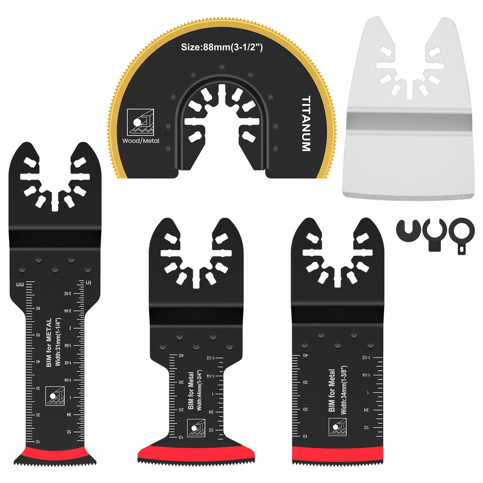 5Pcs Oscillating Saw Blades Set Titanium Plated Bi-Metal Oscillating Multitool Blades Curved-Edge Oscillating Saw Blades