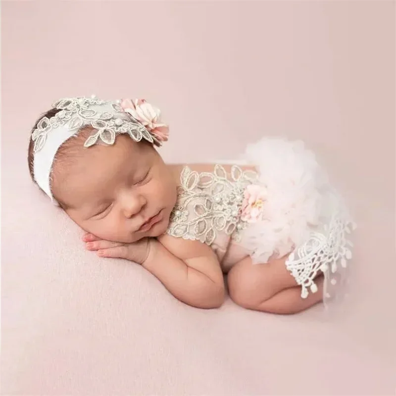 

Newborn Photography Props Baby Girl Clothes Princess Dress Flower Headband Lace Romper Bodysuits Outfit Photography Clothing