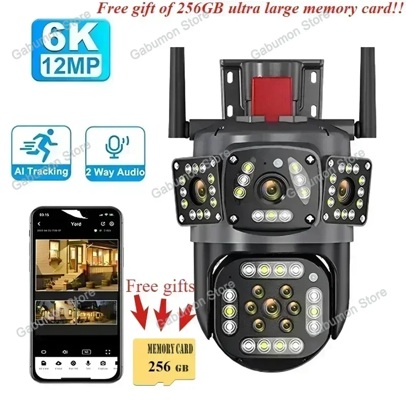 12MP 6K HD WiFi IP Camera Free 256G card gift Three Screens PTZ Outdoor Tracking CCTV Surveillance Cam Smart Security Protection
