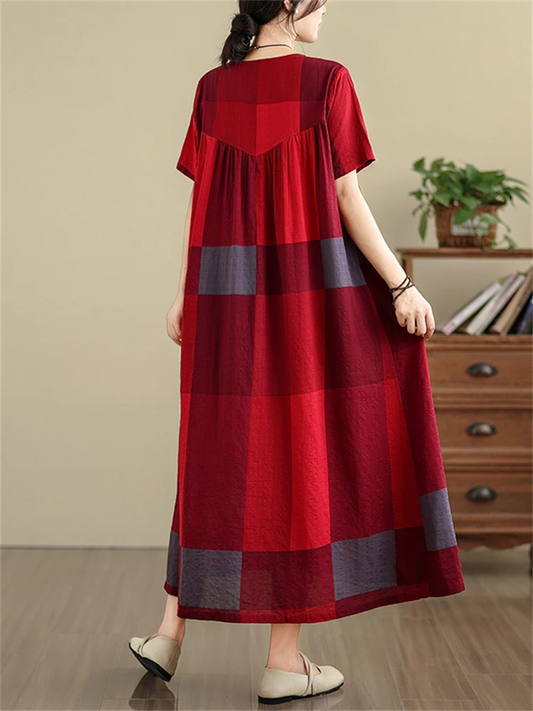 Summer Cotton Vintage Casual Loose Blue Plaid Dresses For Women Short Sleeve Dress Femme Vestidos Elegant Fashion Long Clothing