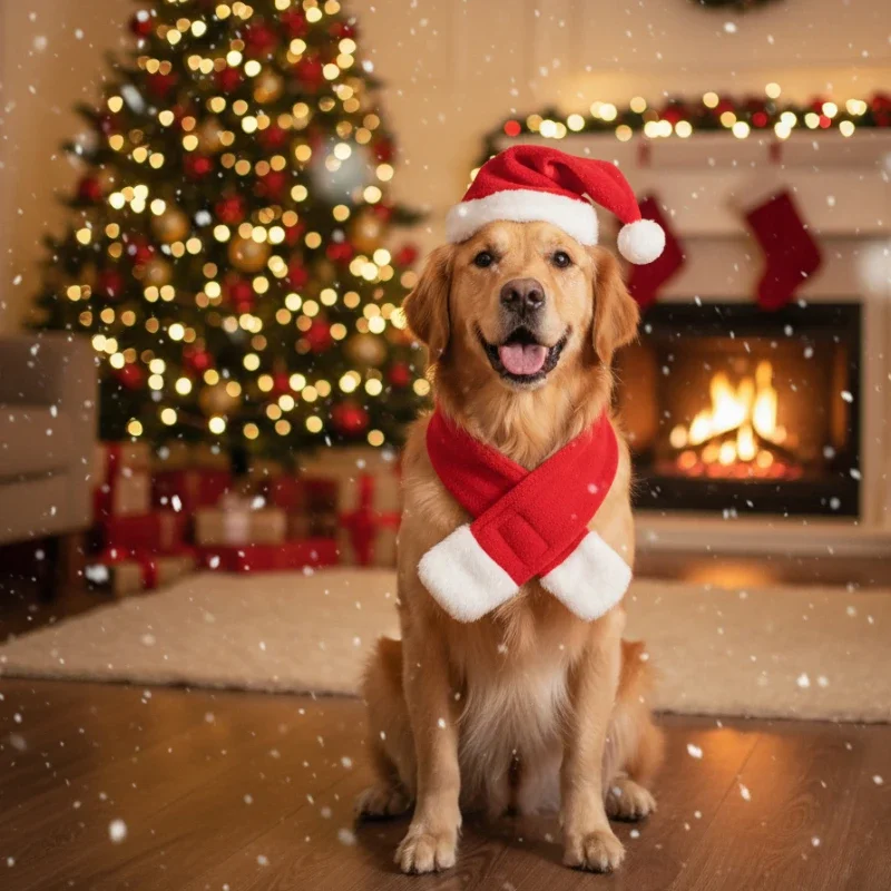 Pet Christmas Costume Santa Hat and Scarf for Small Dogs and Cats