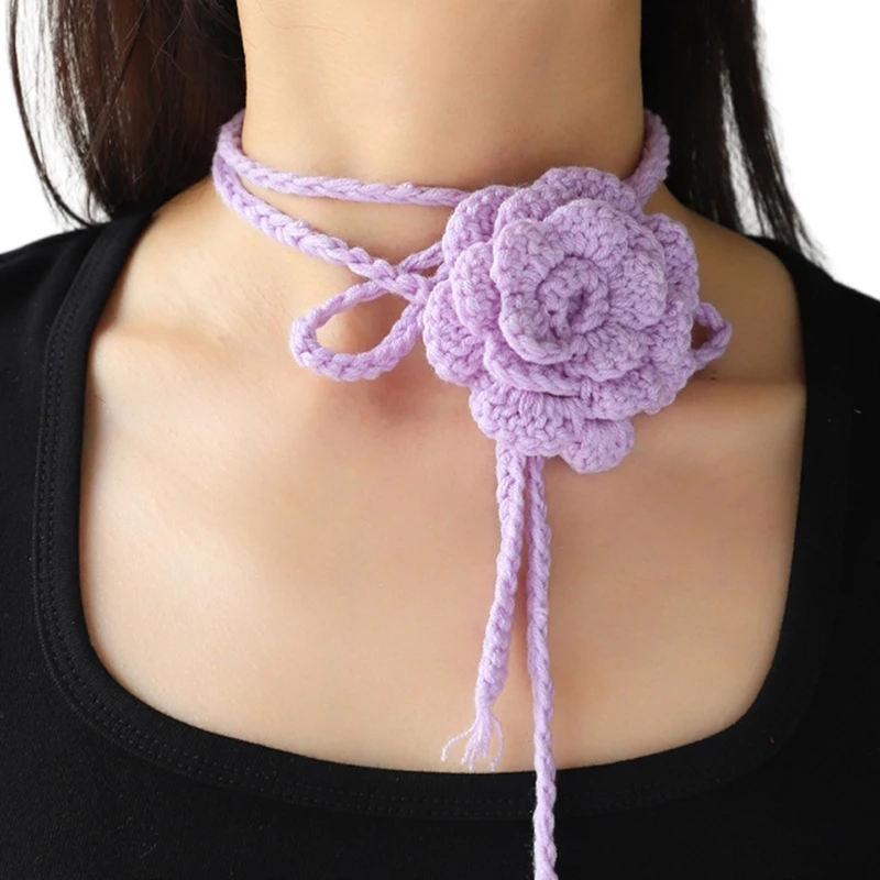 634C Trendy Adjustable Rope Choker Necklace Knitted Rose Flower Charm Clavicle Chain Fashionable Y2K Neckwear Neck Jewellery