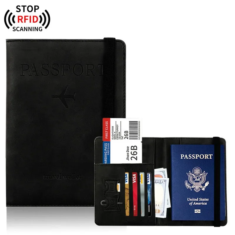RFID Blocking Leather Passport Holder Wallet - Multi-Function Travel Case for Men  Women