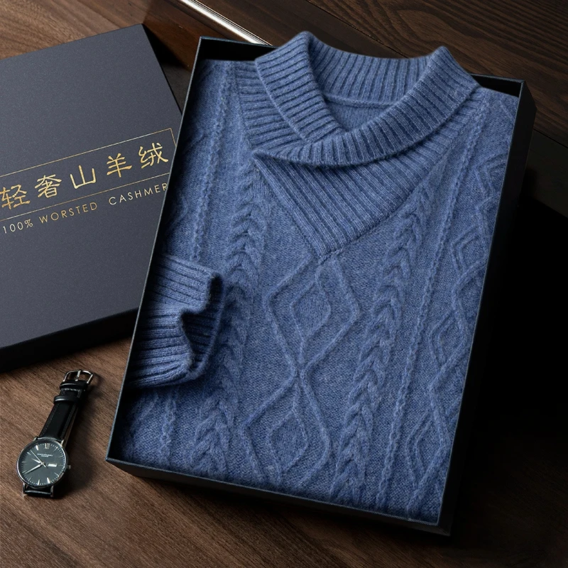 ZOCEPT Winter New Men's Vintage Shawl Collar Thicken 100 Cashmere Sweater Long Sleeve Warm Knitted Twisted Pattern Male Pullover
