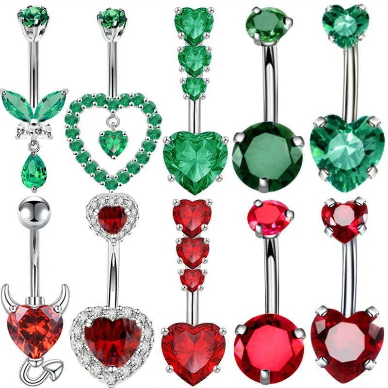 1PCS Red Heart Belly Button Rings Steel Green Crystal Belly Barbell ...