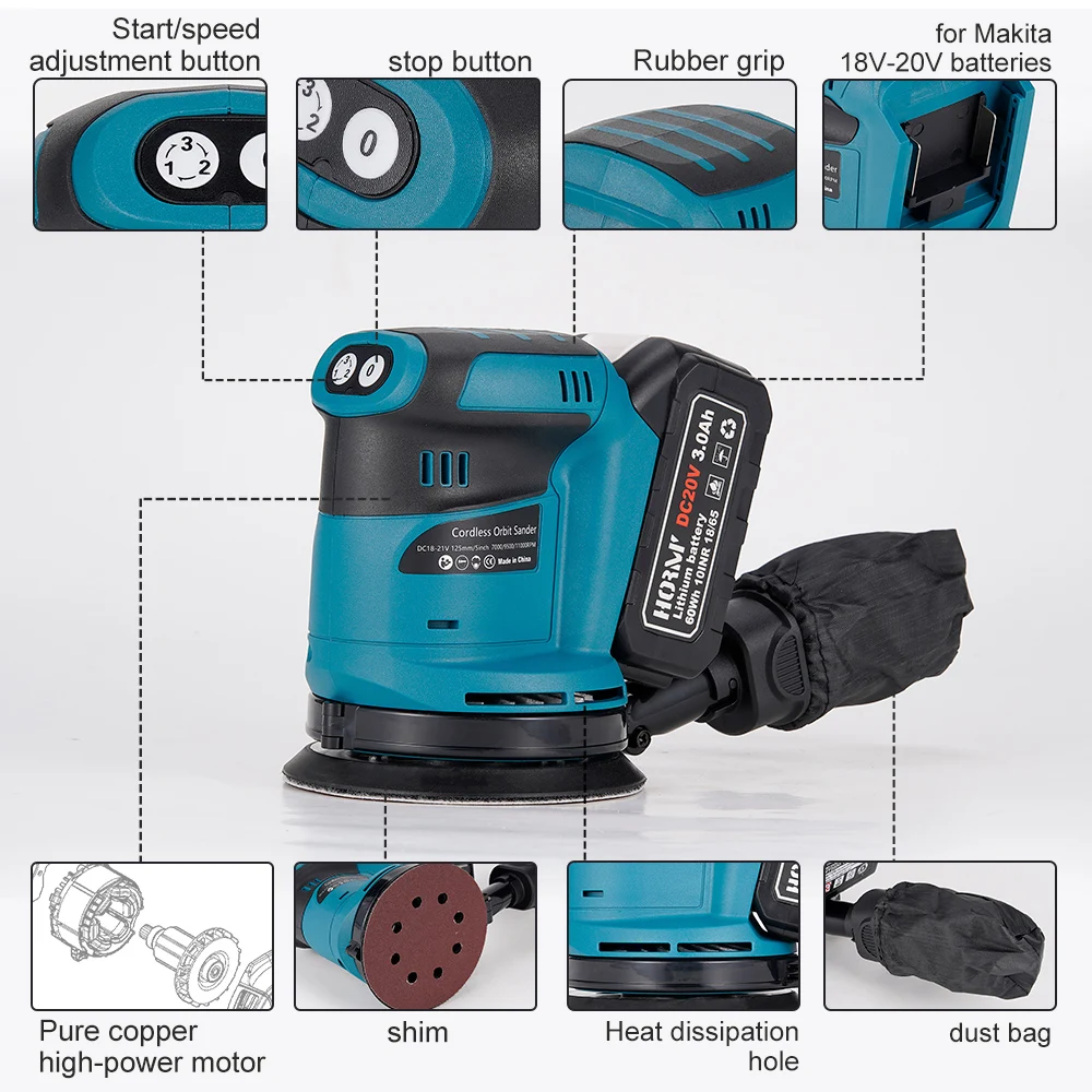 125mm Electric Sander Cordless Car Polisher Wood Grinder Polishing Grinding Sanding Machine 3 Speed Makita 18V Battery Tools electric grinder angle grinder electric sander cordless car polisher belt sander cordless sander pneumatic sander cordless grinder pneumatic grinder