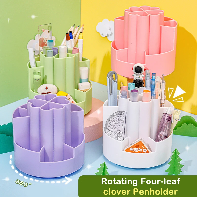 

Вращающийся настольный держатель для ручек с четырехлистным клевером большой емкости милые Креативные канцелярские принадлежности многофункциональная коробка для хранения Настольный Органайзер