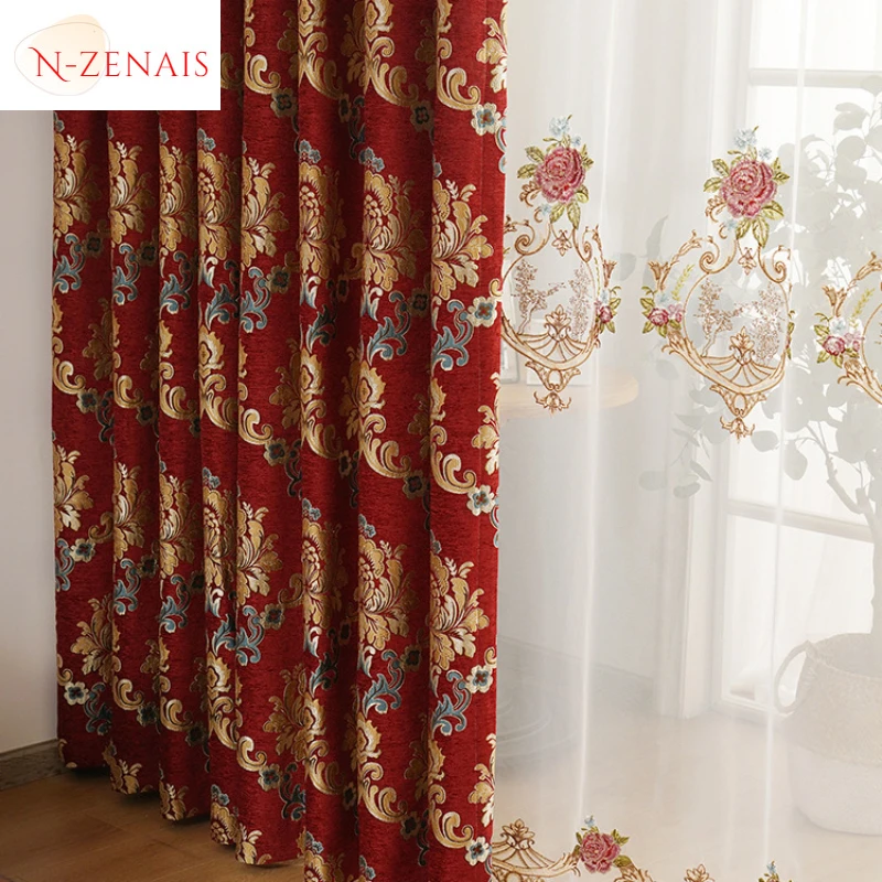 

Luxury Chenille Jacquard Curtains for Living Room Bedroom Dining Palace Style Gold Thread Window Valance Custom Decor Tulle