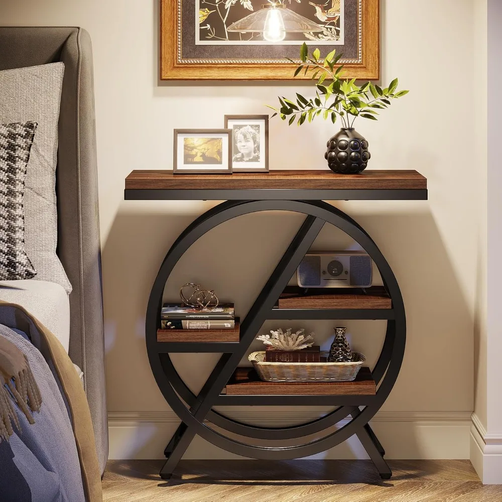 End Table Set of 2, 3-Tier Narrow Sofa Side Table with Storage for Living Room, Wood End Table with Geometric Metal Frame, Indu 6