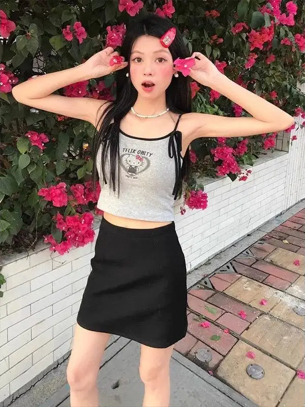 Sexy Modal American Hot Girl Kit Print Strap Vest Women's Summer Svel Pure Desire Tie Dye Tank Top ort Length