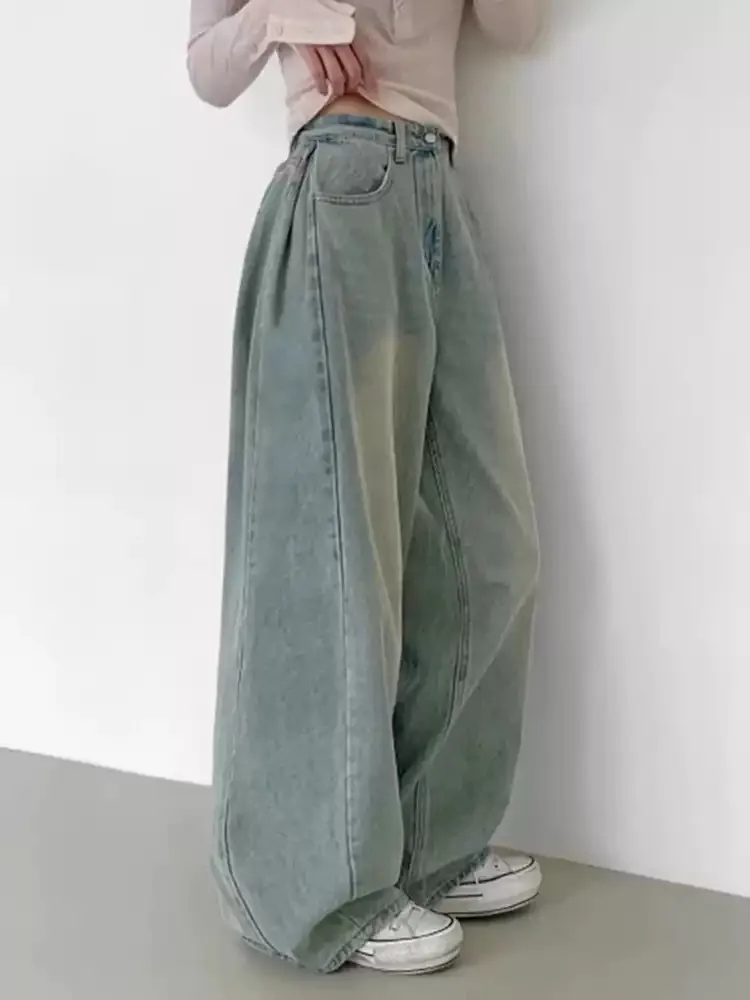 Chic High Waist Straight Leg Jeans Women's Autumn Winter Casual Loose Fit Torn Side S Distred Denim Pants