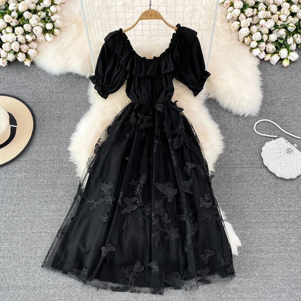 

2022 Summer Square Neck Open Back Puff Sleeves Waist Slim Bow Mesh Embroidery A-line Puffy Dress Women