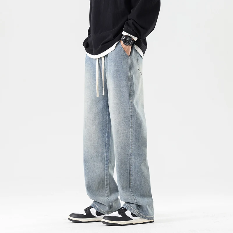 Pants rope style jeans worn mop pants spring new style n retro fashion brand wide-legged pants cool loose straight casual pants spring and autumn new men s pants casual pants ins hong kong fashion brand retro loose sports wide leg pants brand men s wear