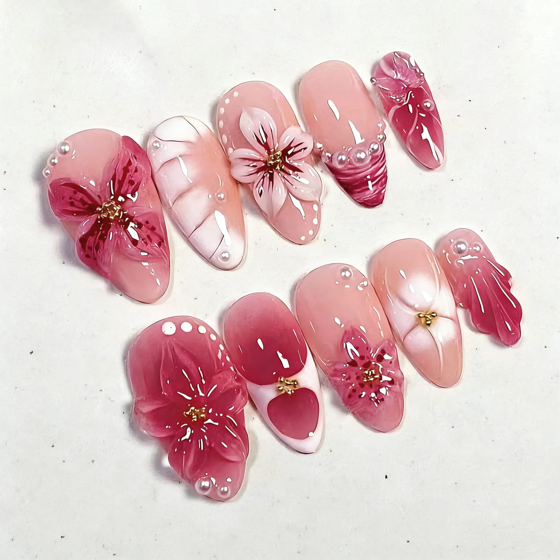 24PCS Pink Almond Press-On Nails with 3D Floral Design and Golden Pearl Accent