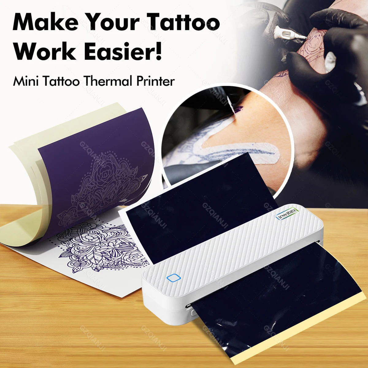 300DPI Mini Inkless Thermal Printer A4 Thermal Printer Tattoo Stencil Transfer Printers Machine Bluetooth Printable Tattoo Paper