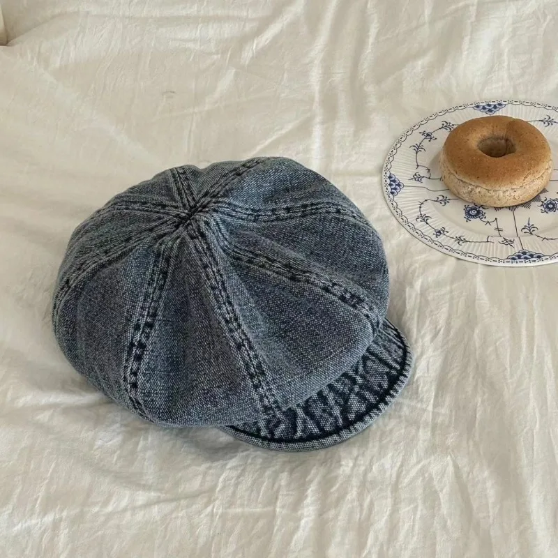 New Washed Denim Large Version Octagonal Hat Women's Sunshade Spring and Autumn Casual Short Brim Soft Top Newsboy Caps Gorras