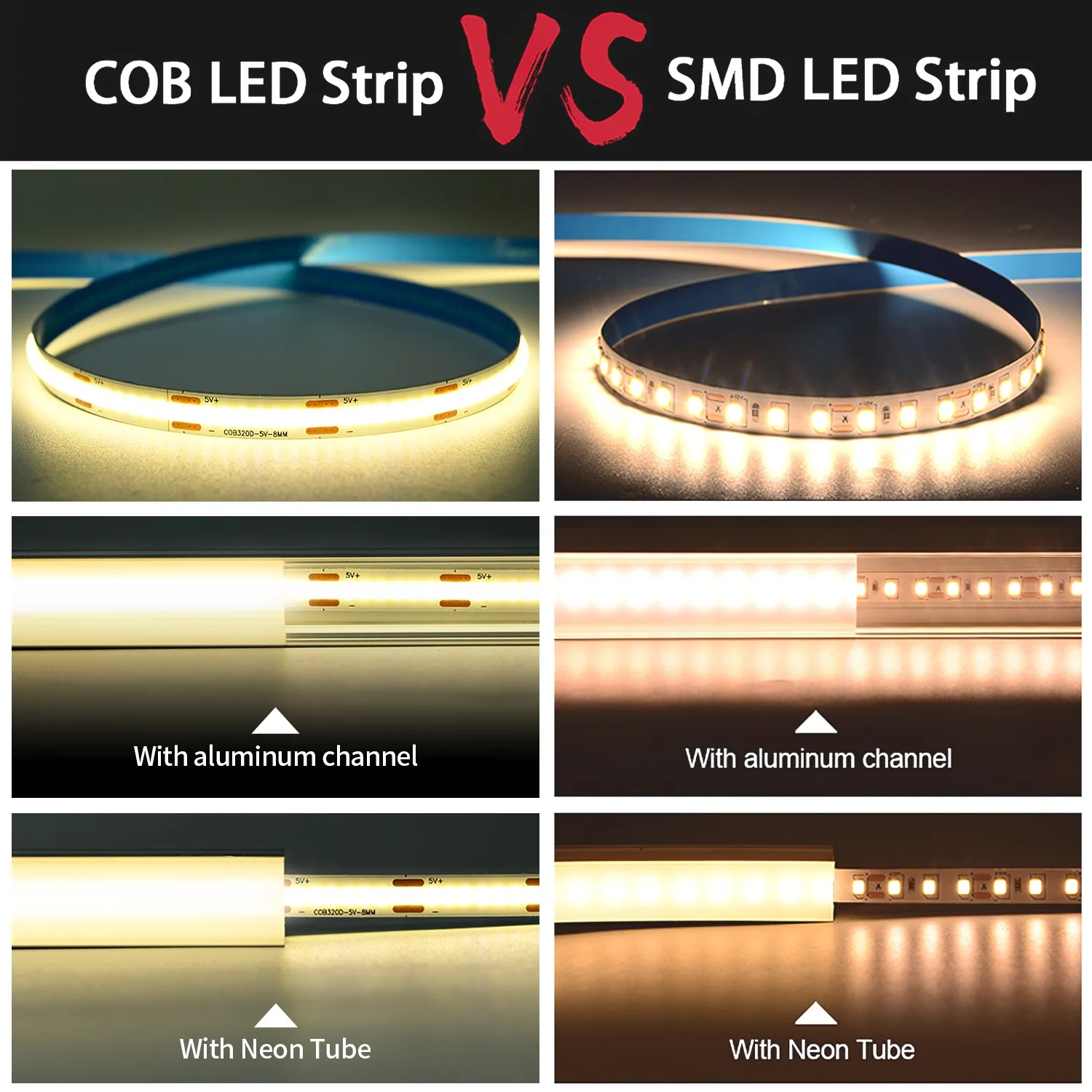 5V COB LED 스트립 라이트 터치 디머 320LEDs/m 유연한 LED 테이프 DIY TV 배경 거울 주방 선형 홈 실내 조명