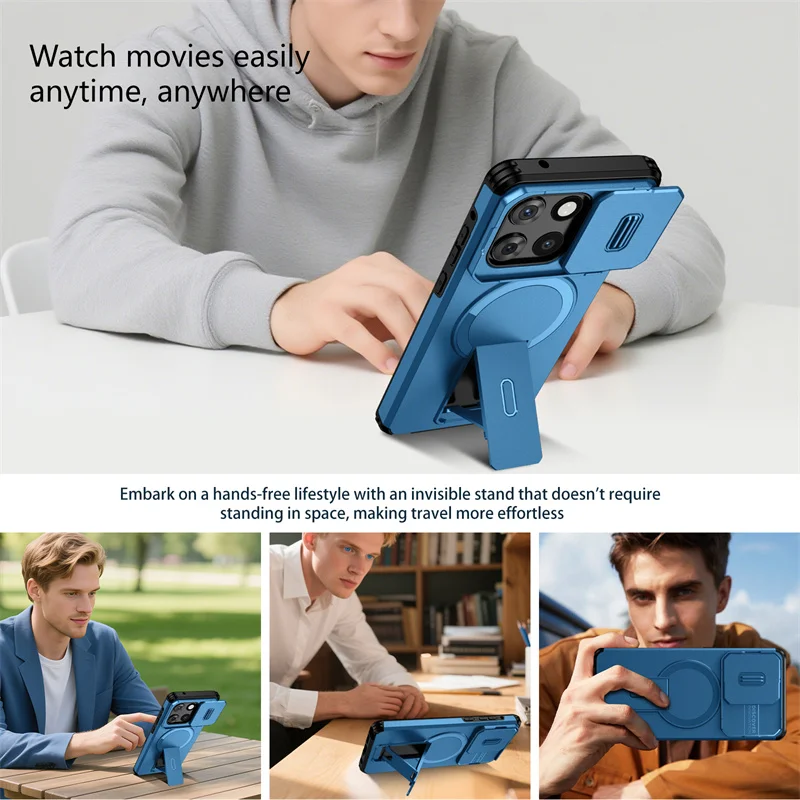 Enhanced Protective Armor Shockproof Case with Magnetic Wireless Charging and Foldable Stand