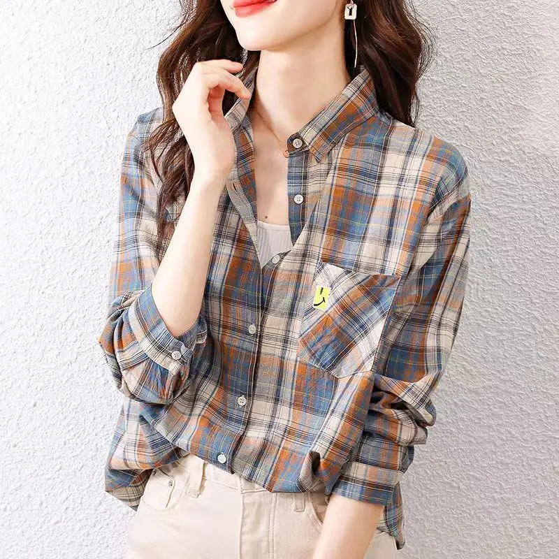 Fashion Printed Spliced Pockets Plaid Shirt Women's Clothing 2023 Spring New Loose Casual Tops All-match Office Lady Blouse
