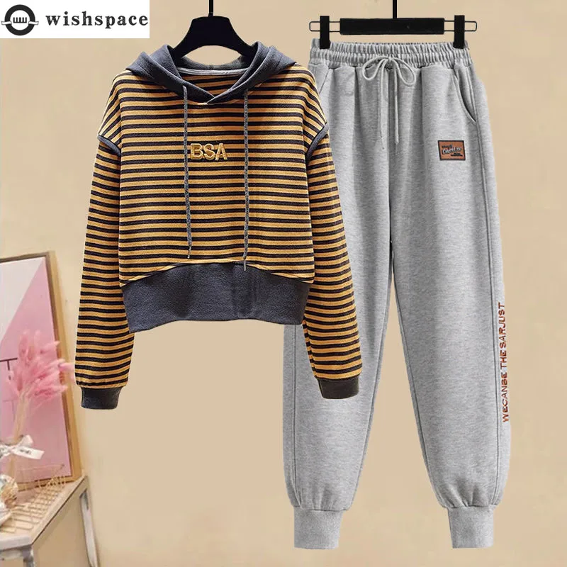 Autumn and Winter 2022 New Korean Fashion Casual Stripe Embroidery Short Top + High Waist Casual Pants Two-piece Set [puma] official puma evo stripe pants 58916002