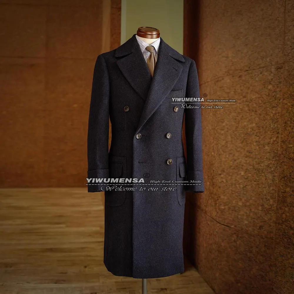 Classic Woolen Suit JacketsBlack/Navy Tweed Blend Trench Coat Long Design Last Double Breasted Overcoat Wedding Groom Tuxedo