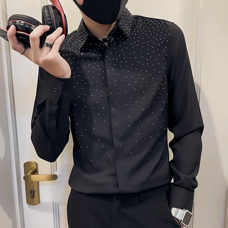 

Rhinestone Shirt Men's Czech Long-sleeved Slim Casual Bottoming Shirt Nightclub Clothing Social Party Stage Singer Chemise Homme