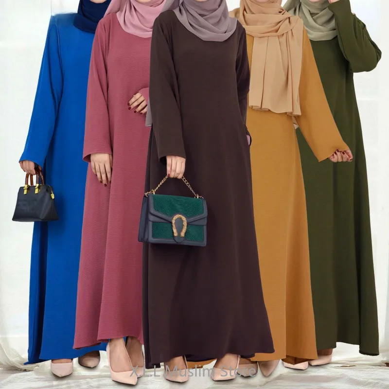 Muslim Women Long Dresses Solid Color Dubai Turkey Kaftan Islamic Dresses Eid Ramadan Abaya Loose Inner Dress With Pockets 2024