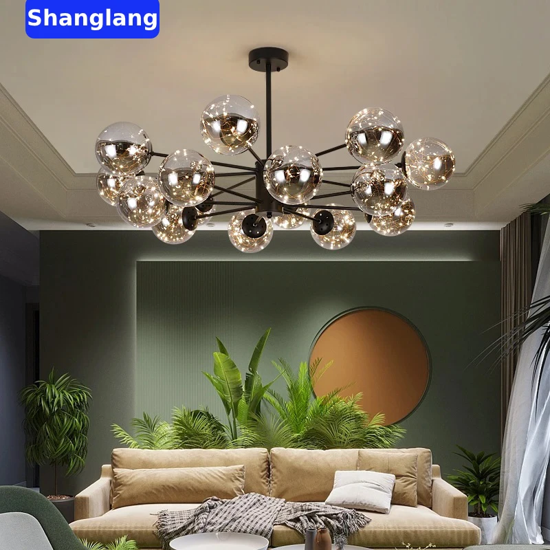 Modern Nordic LED Chandeliers For Living Room Bedroom Decoration Black Luxury Glass Ball Ceiling Pendant Lamp Dimmable Fixture