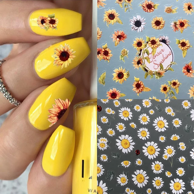 2 Sheets 5D Sunflowers Nail Stickers Fall Design Floral Butterfly Bee Nail  Decal Self-adhesive Embossed Sliders Manicure Decor | SHEIN