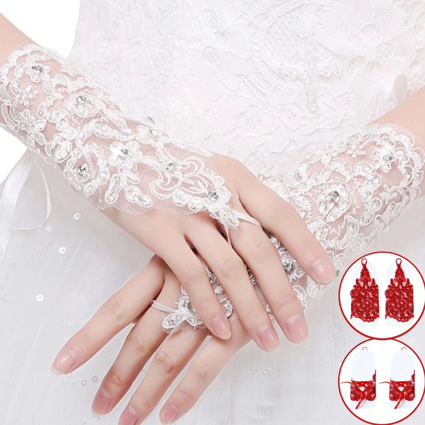 

New Women Short Gloves Wrist Length Solid Color Elegant Bride Lace Appliques Sweet Exquisite Fingerless Glitter Gloves