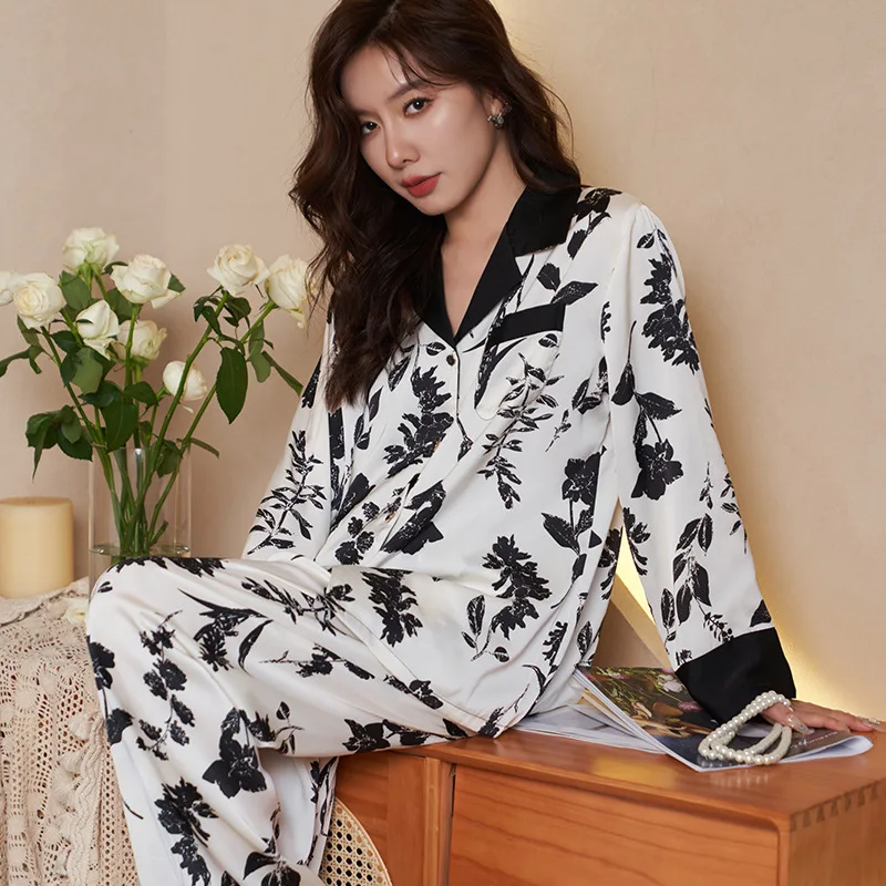 High Quality Women's Pajamas Set Black Floral Print Leisure Sleepwear Silk  Like Long Sleeve Homewear Satin Nightwear Femme 2022 - Pajama Sets -  AliExpress