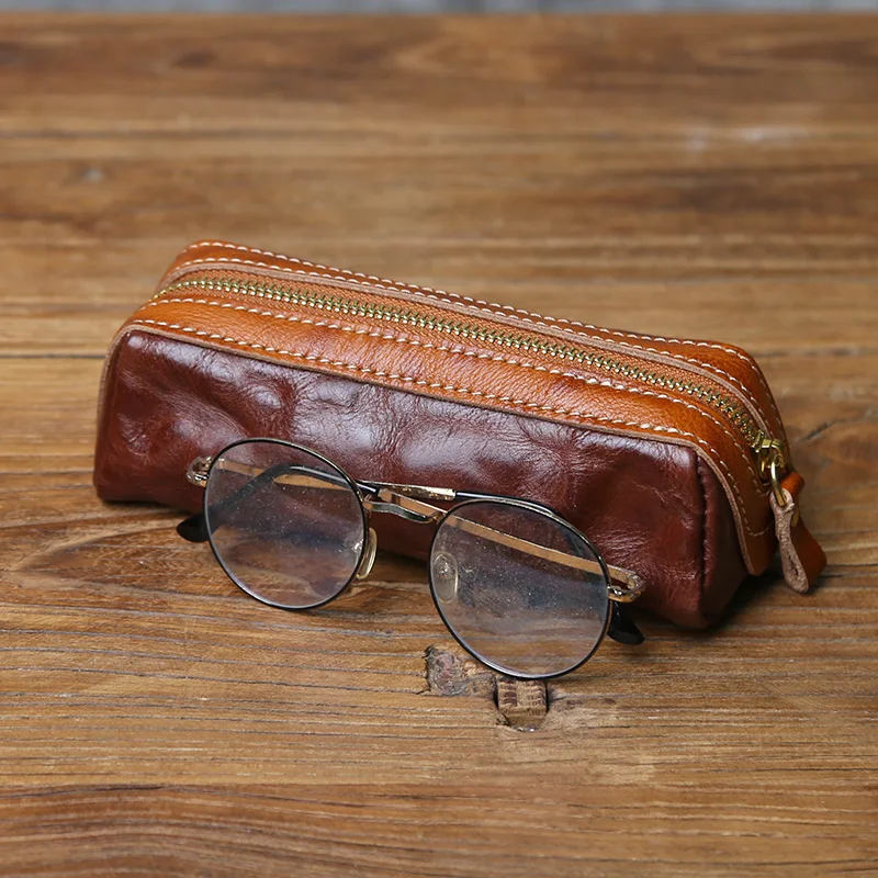 NZPJ New Vintage Genuine Leather Pencil Case Hand-Tooled Cowhide Wallet Unisex Glasses bag Retro Key Storage Bag