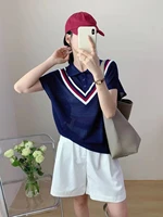 Aesthetic Splicing Baggy Women's Polo Shirts Contrast Color Summer Outfit Ice Silk Short Sleeve Female Tee Lapel Button T-shirts - Image 5