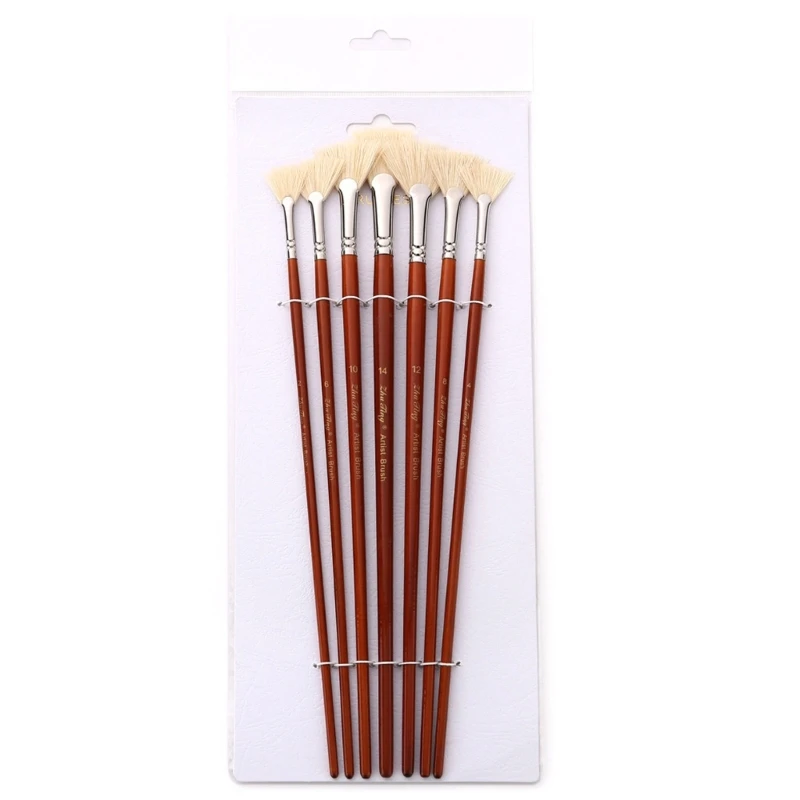 Set of 7Pcs Artist Fan Paint Brush Wood Handle Bristle Hair Anti-Shedding Brush for Acrylic Watercolor Oil Painting