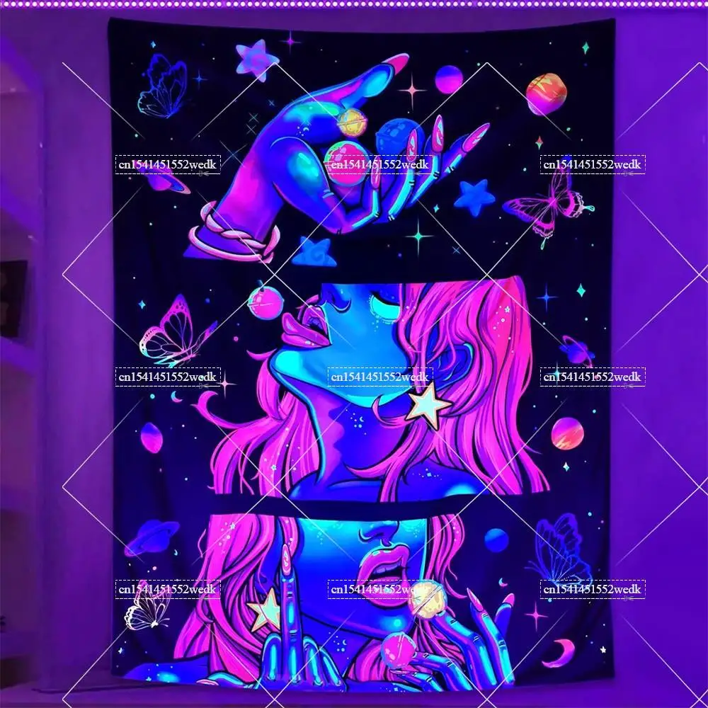 Tapestry Decorations Trippy Girl Blacklight Tapestry UV Reactive Wall Hanging Living Room Decor Decoration Smoking Tapestries Aesthetic Sofa Blankets