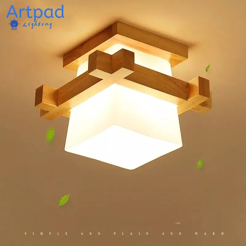 

Artpad Simple Japan Tatami E27 Wooden Lamp Light Hallway Porch Balcony Ceiling Light Fixtures Glass Modern Ceiling Lamp