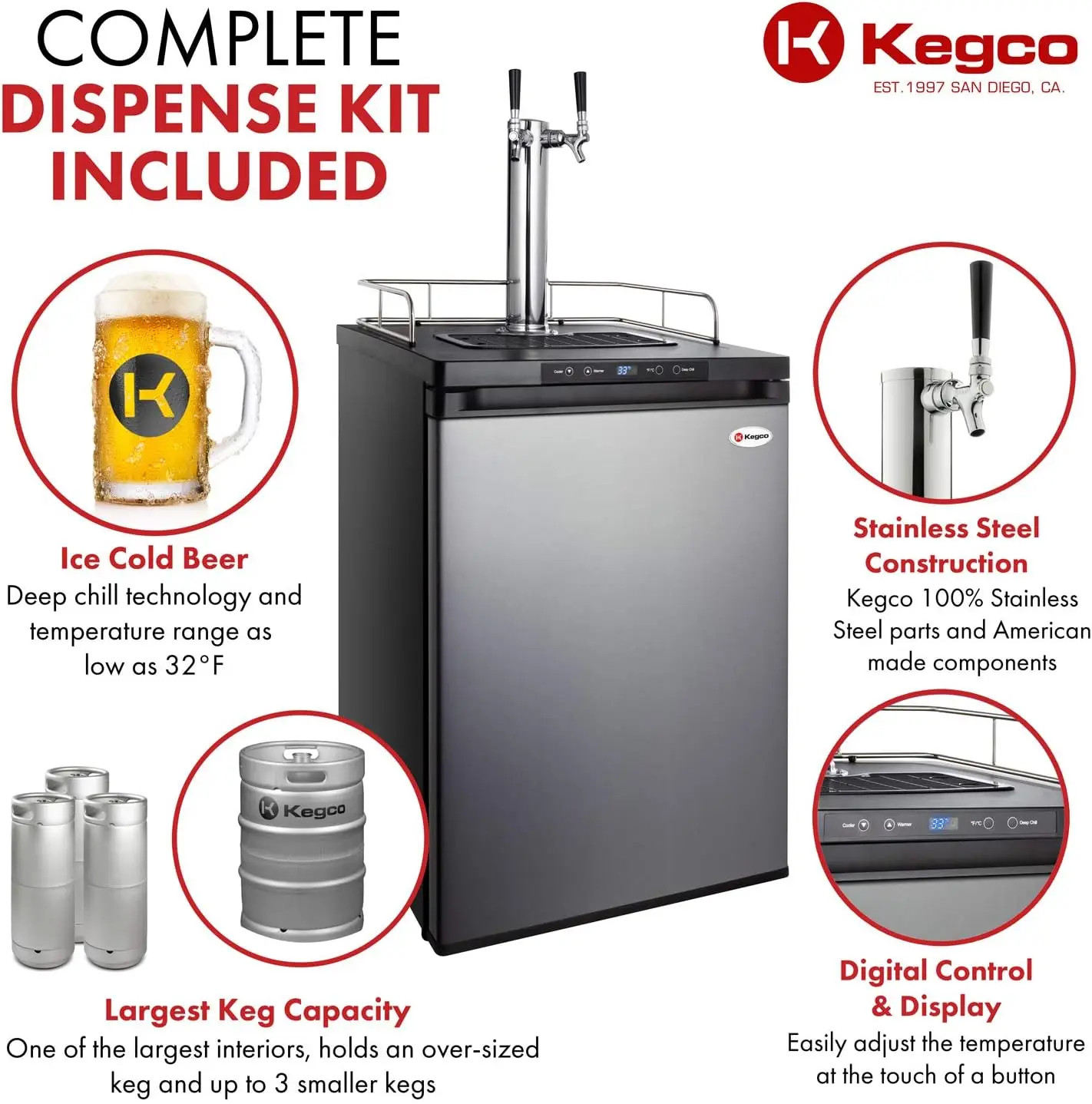 USA K309SS-2 24" Wide Homebrew Dual Tap Stainless Steel Digital Kegerator