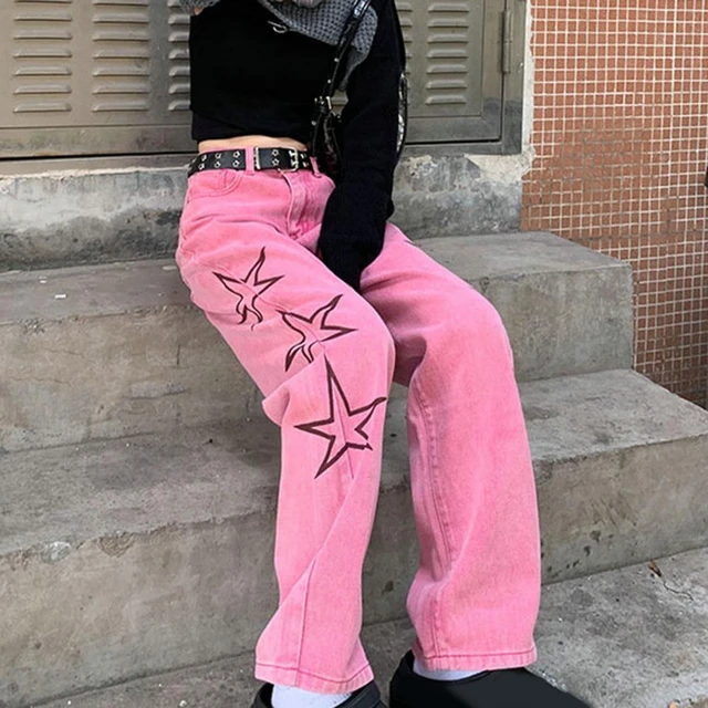 Calças largas estampa estrela vintage feminina, calças cargo dos anos 90, calças  jeans de perna larga reta de cintura alta, macacão - AliExpress