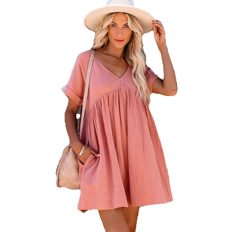 

Summer Women's Pink Curled Short Sleeve V-Neck Doll Mini Dress Temperament Umbrella Women
