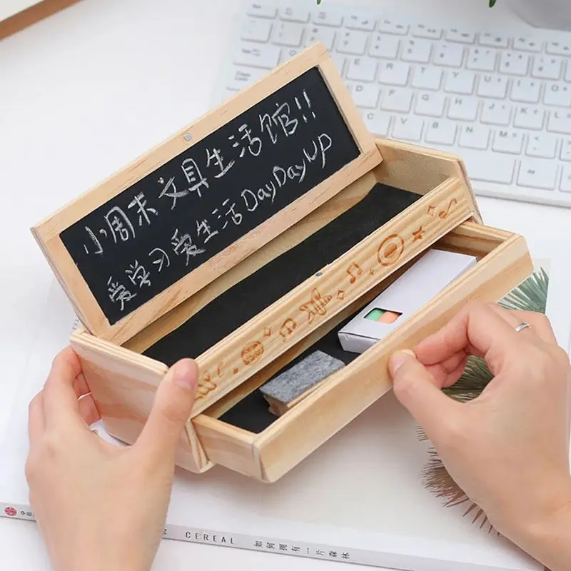 Wooden Pencil Case with Blackboard Double Layers Pencil Case for Boys Girls Students Stationery Pens Storage Organizer Box