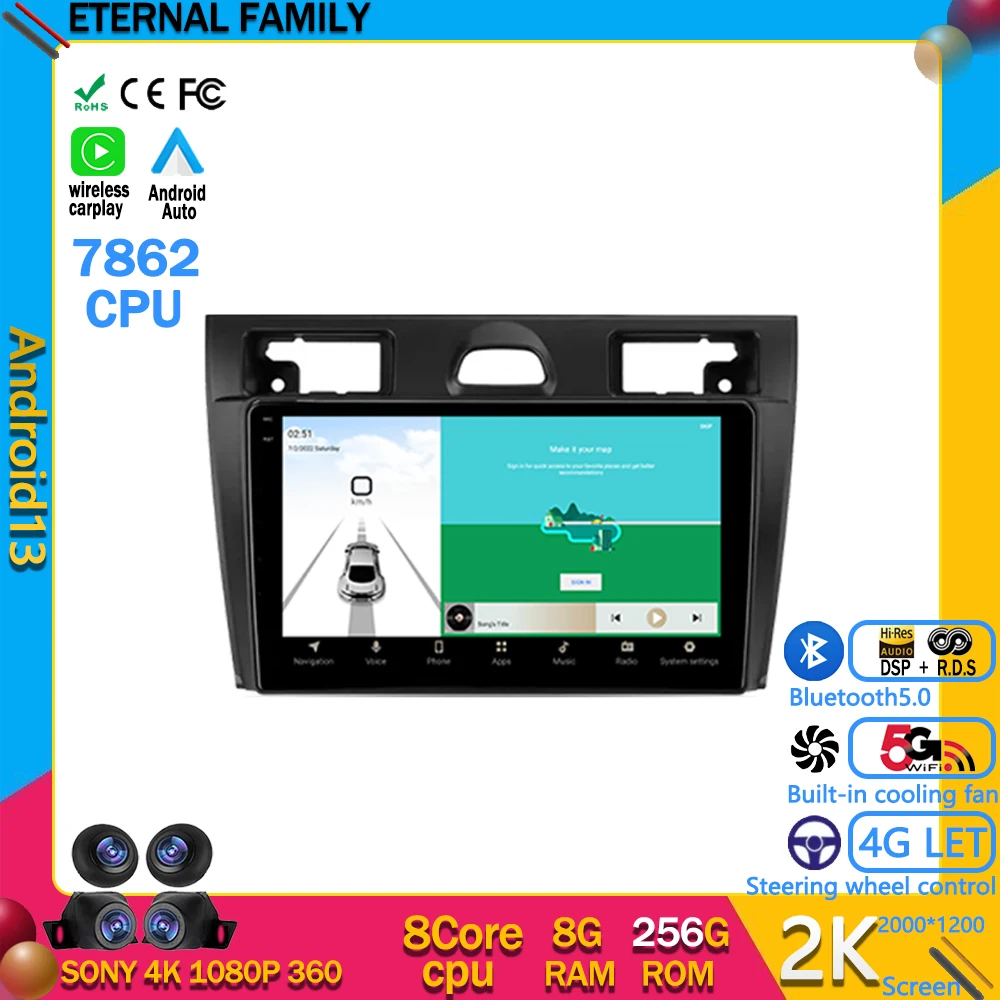 

Автомагнитола на Android 13, мультимедийный видеоплеер с GPS-навигацией для Ford Fiesta Mk VI 5 Mk5 2002-2008, сенсорный экран QLED