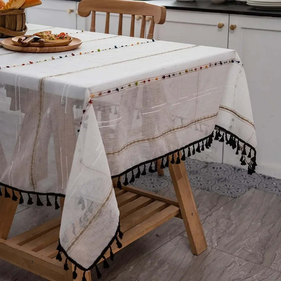 

Rectangle Tablecloth Tassel Polyester Linen Table Cover for Dinning Living Room Party Decoration Table Cloth Striped Jacquard