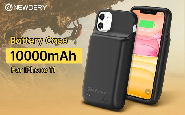 NEWDERY Funda de batería para iPhone 11, funda de carga extendida de 10000  mAh, auriculares con cable, soporte de datos de sincronización, funda de