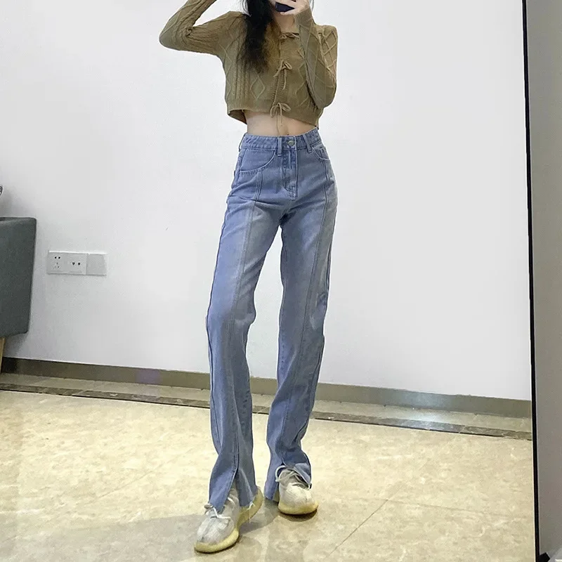 2024 Fall Winter New Style High Waist Fashion Split Vintage Striped Jeans Women Blue Zipper Pants Female Korean Solid Trouser