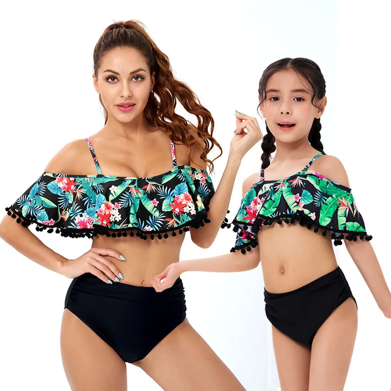 Sexy Ruffle   Cross Bandage  Bikini Set Women Swimsuit  Matching Parentage Swimwear Summer Suit Parents Children Swimming  Wear bathing suit sets