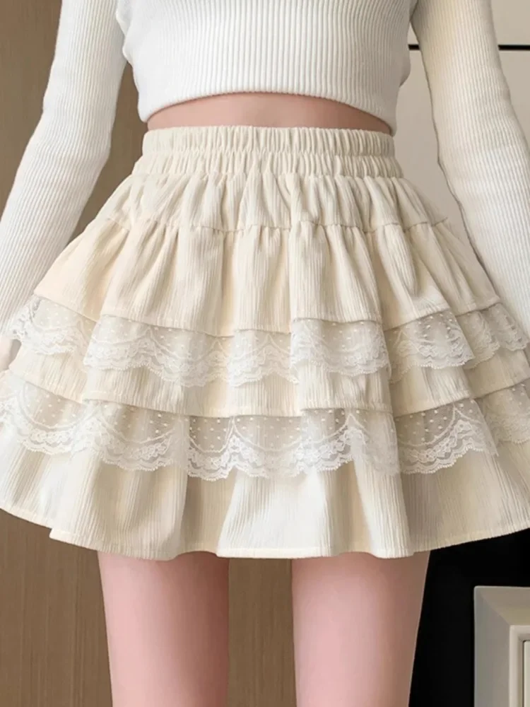QWEEK Coquette Y2k Lace Cake Mini Skirt Sweet Girls Kawaii Cute Ruffles Patchwork Skirt 2024 Spring Japanese Harajuku