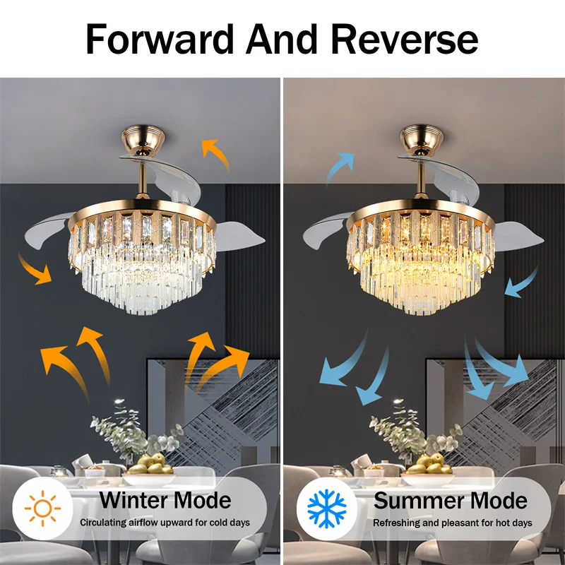 42" Crystal Invisible Ceiling Fan With LED Light & Remote Control - Modern Chandelier