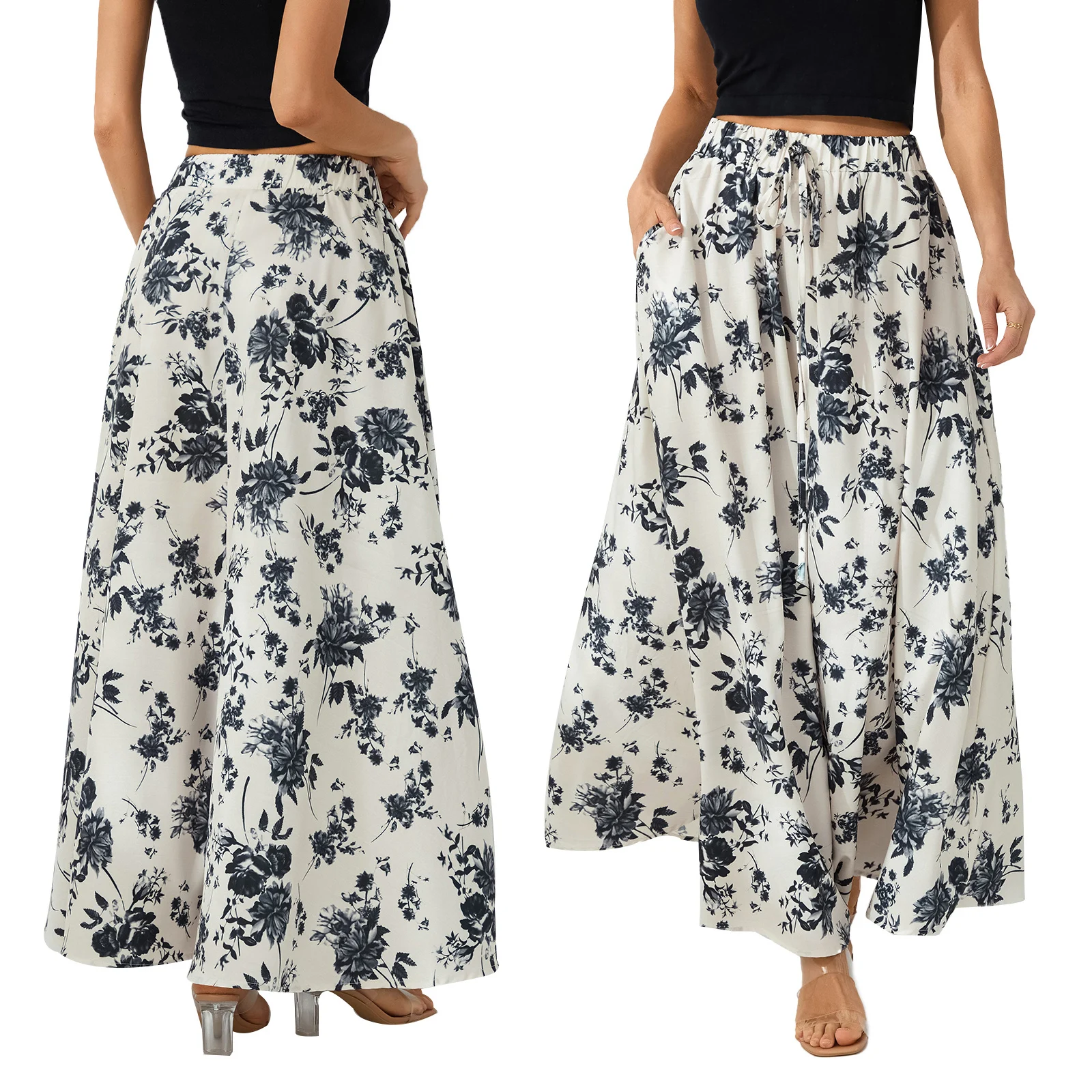 

Women Long Skirt Elegant High Waisted Skirt Solid/Flower Print Summer Swing Skirt