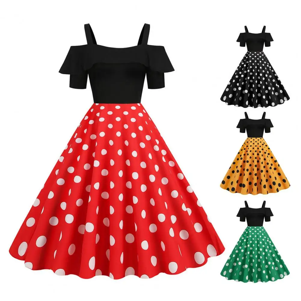 

Polka Dot Dress Women Vintage Swing Halter Belt 50s 60s Rockabilly Prom Party Dresses Retro Feminino Vestidos